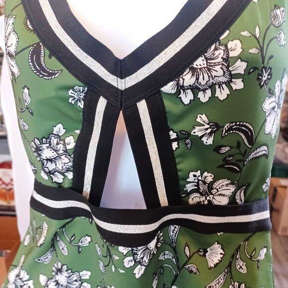 Floral Green One-Piece Swimsuit With Cutouts & Black/Gold Striped Accents - Picture 2 of 10